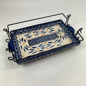 Temptations Old World 13" Ceramic Serving Platter Tray With Display Rack Large